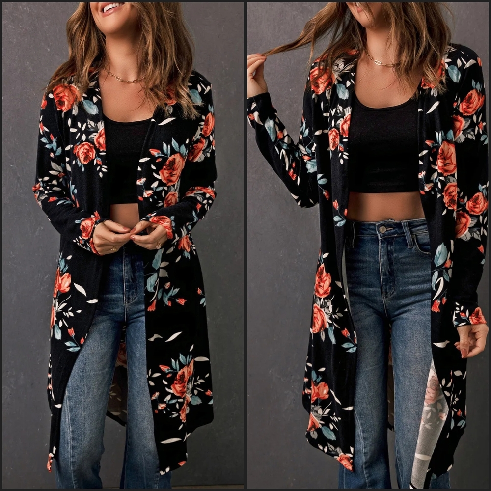 Black Floral Open Front Longline Cardigan - Picture 4 of 5
